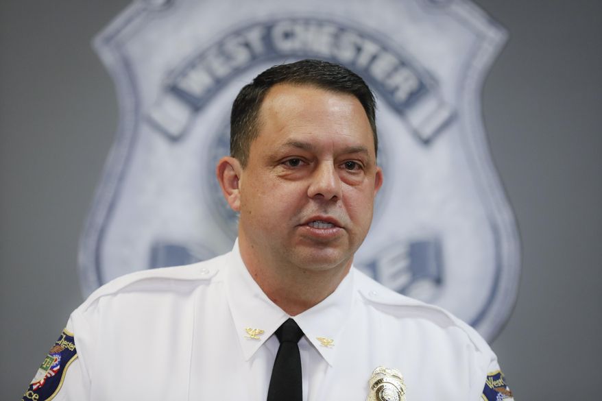 West Chester Chief of Police Joel Herzog speaks to reporters during a news conference, Monday, April 29, 2019, in West Chester, Ohio. Multiple people were found dead at an apartment complex in Ohio after a man called 911 saying he had returned home to find his wife and family members on the ground and bleeding. Herzog said that police were searching the area for any suspect, and there was no immediate threat to the community. (AP Photo/John Minchillo)