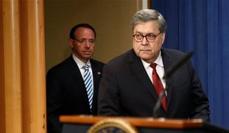 Deputy Attorney General Rod Rosenstein (left) last month sided with Attorney General William P. Barr on the Mueller report findings, leaving Sen. Richard Blumenthal feeling betrayed. (Associated Press)