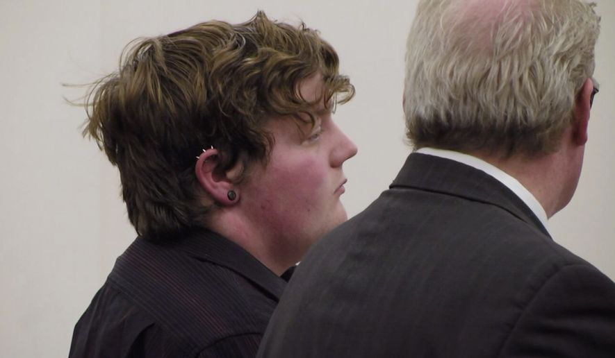 In this April 25, 2019 image made from video provided by WWNY/7 NEWS, Shane Piche, left, appears in court for sentencing in Watertown, N.Y. The former school bus driver Piche, was accused of raping a teenager at his residence and pled guilty to third-degree rape in February. Jefferson County Supreme Court Judge James McClusky last week sentenced Piche to 10 years of probation, sparking an online wave of condemnation from people arguing that the punishment was too lenient. (WWNY/7 NEWS via AP)