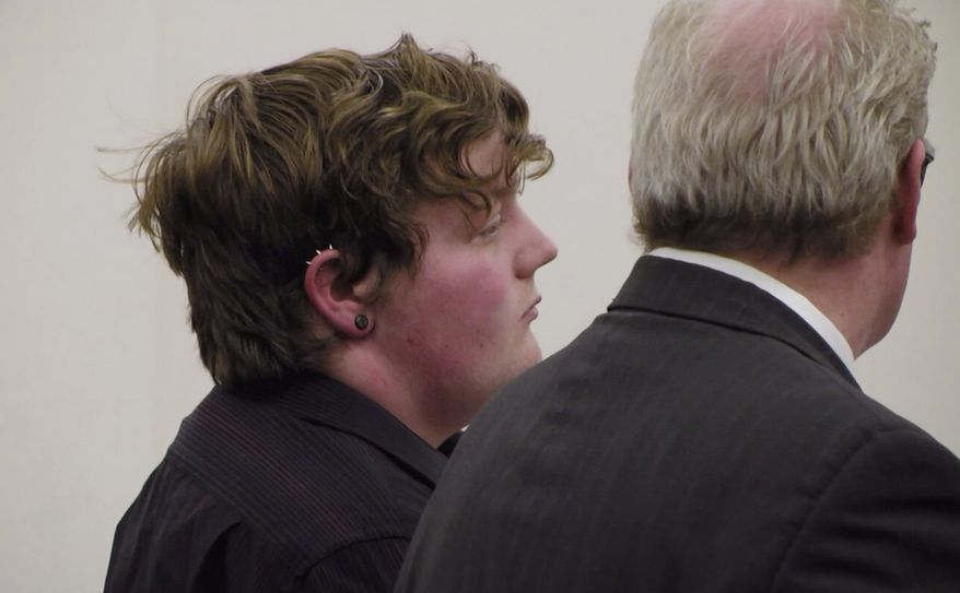 In this April 25, 2019 image made from video provided by WWNY/7 NEWS, Shane Piche, left, appears in court for sentencing in Watertown, N.Y. The former school bus driver Piche, was accused of raping a teenager at his residence and pled guilty to third-degree rape in February. Jefferson County Supreme Court Judge James McClusky last week sentenced Piche to 10 years of probation, sparking an online wave of condemnation from people arguing that the punishment was too lenient. (WWNY/7 NEWS via AP)