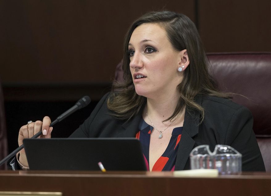 FILE - In this Feb. 9, 2017 file photo, state Sen. Nicole Cannizzaro, D-Las Vegas, listens to testimony during the Nevada legislative session in Carson City, Nev. Lawyers assigned to defend Alonso Perez, who is facing a death penalty trial in Las Vegas, are challenging Nevada's capital punishment law using an unusual argument. They blame the two most powerful Democrats in the state Senate and Assembly for killing discussion about two measures that aimed to repeal the death penalty as out-of-touch with today's voters and too expensive to continue. (Benjamin Hager/Las Vegas Review-Journal via AP, File)