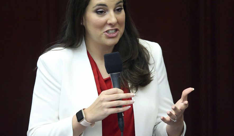 Rep. Jennifer Sullivan, R-Mount Dora, presents an educational voucher bill during session Monday April 29, 2019, in Tallahassee, Fla. (AP Photo/Steve Cannon)