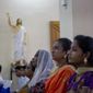 Catholics participate in Holy Mass at St. Joseph&#39;s church in Thannamunai, Sri Lanka, Tuesday, April 30, 2019. This small village in eastern Sri Lanka has held likely the first Mass since Catholic leaders closed all their churches for fear of more attacks after the Easter suicide bombings that killed over 250 people. (AP Photo/Gemunu Amarasinghe)