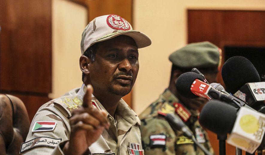Gen. Mohamed Hamdan Dagalo, the deputy head of the military council speaks at a press conference in Khartoum, Sudan, Tuesday, April 30, 2019. Sudan’s ruling military council warned protesters against any further “chaos” as organizers call for mass rallies later this week. Dagalo, better known by his nickname "Hemedti, said Tuesday that council members “are committed to negotiate, but no chaos after today” and he called on protesters to open roads and railways. (AP Photo)