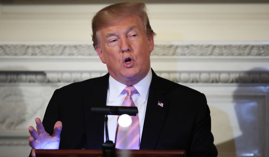 President Donald Trump speaks during a National Day of Prayer dinner gathering of faith leaders from the interfaith community in the State Dining Room of the White House in Washington, Wednesday, May 1, 2019. (AP Photo/Manuel Balce Ceneta)