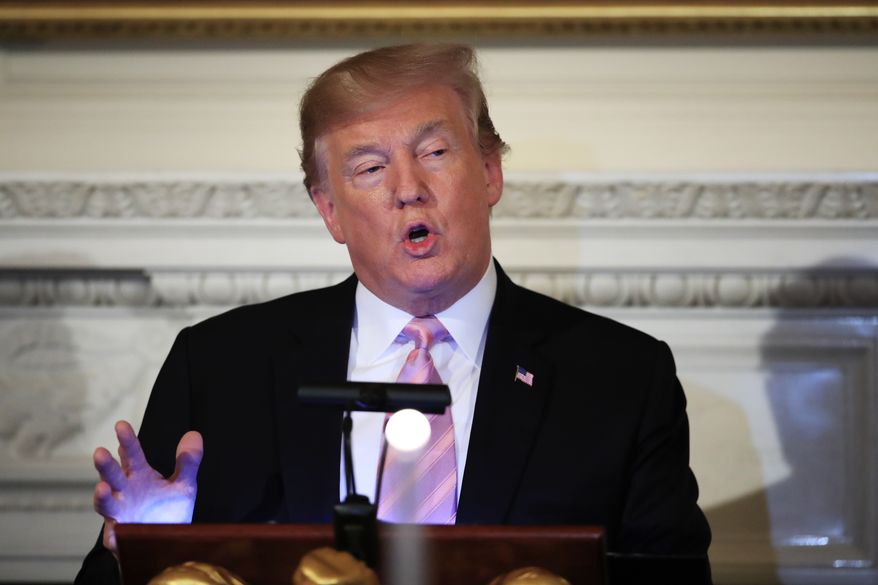 President Donald Trump speaks during a National Day of Prayer dinner gathering of faith leaders from the interfaith community in the State Dining Room of the White House in Washington, Wednesday, May 1, 2019. (AP Photo/Manuel Balce Ceneta)