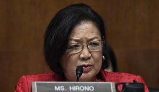 Sen. Mazie Hirono, D-Hawaii, questions Attorney General William Barr as he testifies before the Senate Judiciary Committee on Capitol Hill in Washington, Wednesday, May 1, 2019. (AP Photo/Susan Walsh) ** FILE **
