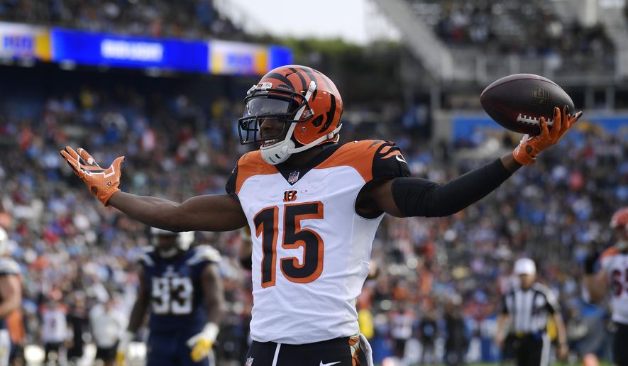FILE - In this Dec. 9, 2018, file photo, Cincinnati Bengals wide receiver John Ross (15) celebrates after scoring a touchdown against the Los Angeles Chargers during the first half of an NFL football game in Carson, Calif. Receiver John Ross read reports that the Bengals were going to trade him during the draft. Not only did they keep him, they chose not to get any more receivers, leaving Ross with an important role. (AP Photo/Mark J. Terrill, File)