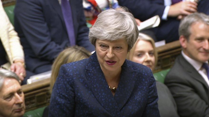 In this grab taken from video, Britain&#39;s Prime Minister Theresa May speaks during Prime Minister&#39;s Questions in the House of Commons, London, Wednesday May 1, 2019. (House of Commons/PA via AP)