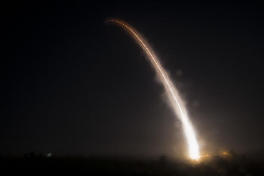 This photo provided by Vandenberg Air Force Base shows an unarmed Minuteman III intercontinental ballistic missile launches during an operational test on Wednesday, May 1, 2019, at Vandenberg Air Force Base, Calif. A fiery streak lit up the California sky as the U.S. Air Force conducted an early morning test of an unarmed Minuteman 3 intercontinental ballistic missile. (Airman 1st Class Aubree Milks/Vandenberg Air Force Base via AP)