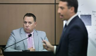 Jupiter Police Detective Andrew Sharp is questioned by Alex Spiro, right, attorney for New England Patriots owner Robert Kraft, during a motion hearing in the Kraft prostitution solicitation case, Wednesday, May 1, 2019, in West Palm Beach, Fla. Kraft&#39;s attorneys argue that undercover surveillance videos allegedly showing their client paying for sex at a Jupiter day spa should be ruled inadmissible and the evidence thrown out. (Lannis Waters/Palm Beach Post via AP, Pool)