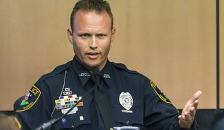 Jupiter police officer Scott Kimbark testifies during a motion hearing in New England Patriots owner Robert Kraft prostitution solicitation case, Wednesday, May 1, 2019, in West Palm Beach, Fla. Kimbark stopped the car containing Kraft. Kraft&#39;s attorneys argue that undercover surveillance videos allegedly showing their client paying for sex at a Jupiter day spa should be ruled inadmissible and the evidence thrown out. (Lannis Waters/Palm Beach Post via AP, Pool)