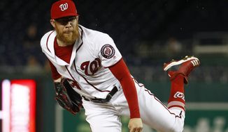 Washington Nationals reliever Sean Doolittle follows through on a pitch to a St. Louis Cardinals batter during the ninth inning of a baseball game Thursday, May 2, 2019, in Washington. The Nationals won 2-1. (AP Photo/Patrick Semansky) ** FILE **