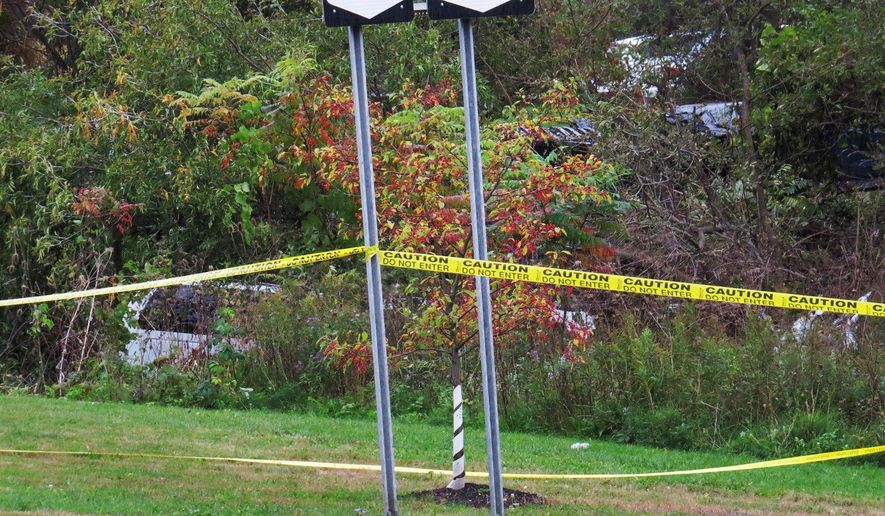 FILE - In this Oct. 6, 2018, file photo, a limousine, left, has landed in the woods following a fatal crash in Schoharie, N.Y. Twenty people died in the crash in rural Schoharie County involving a stretch limo that authorities have said should not have been on the road. During a legislative hearing Thursday, May 2, 2019 in Albany, N.Y., several parents of people killed in recent limousine crashes in New York called for stronger limo inspection rules; seat belts and air bags in all limos; as well as better enforcement to ensure vehicles and drivers have proper licenses. (Tom Heffernan Sr. via AP, File)