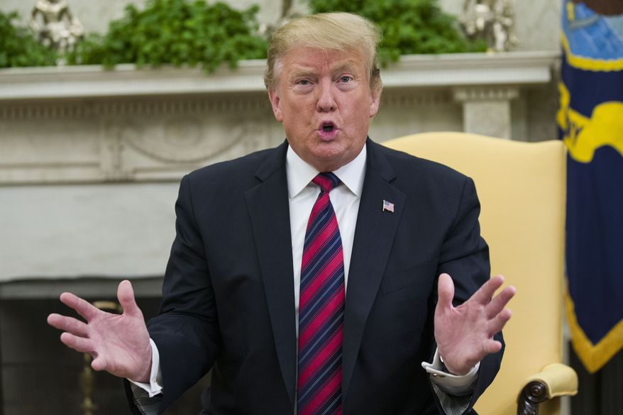 President Donald Trump speaks during a meeting with Slovak Prime Minister Peter Pellegrini in the Oval Office of the White House, Friday, May 3, 2019, in Washington. (AP Photo/Alex Brandon)