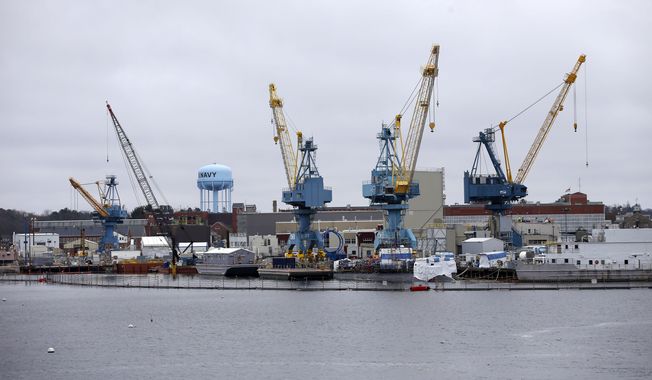 Tall cranes dominate the waterfront at the Portsmouth Naval Shipyard, Friday, May, 3, 2019, in Kittery, Maine. Members of Maine and New Hampshire&#x27;s congressional delegations have been working to prevent shipyard construction projects from being cut to fund President Donald Trump&#x27;s wall at the southern border. Last month, the senators said they were encouraged by a new Defense Department memo that appears to maintain funding for the projects. (AP Photo/Robert F. Bukaty) **FILE**
