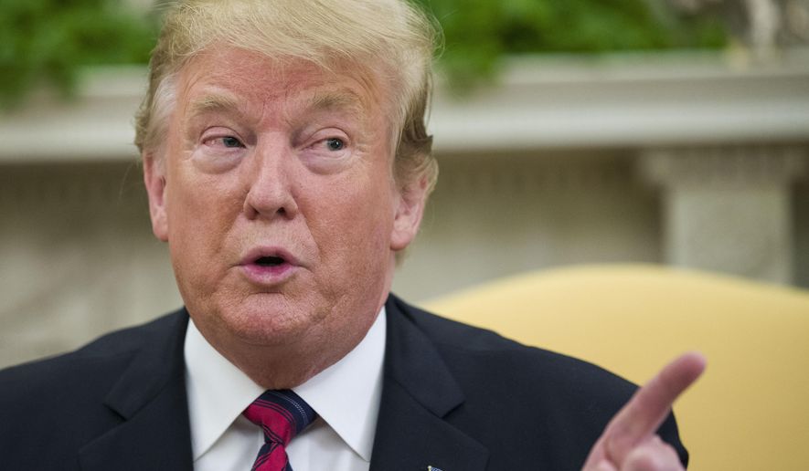 In this May 3, 2019, photo, President Donald Trump speaks during a meeting with Slovak Prime Minister Peter Pellegrini in the Oval Office of the White House in Washington. (AP Photo/Alex Brandon)