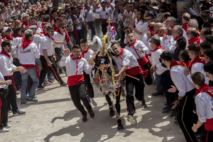 In this Thursday, May 2, 2019 photo, a troupe and their richly decorated horse make their way amid the crowd during the "Los Caballos del Vino," usually translated as the Running of the Wine Horses in Caravaca de la Cruz, southeast Spain. The annual fiesta is said to date from the 13th century when the Knights Templar broke a siege. The colorful spectacle draws thousands of tourists. (AP Photo/Bernat Armangue)