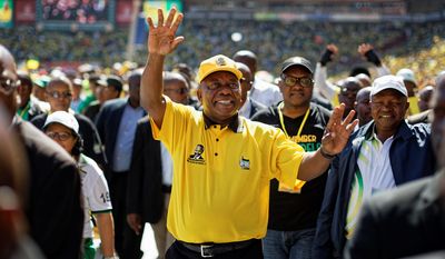 South African President Cyril Ramaphosa held his final election rally of the African National Congress on Sunday at Ellis Park stadium in Johannesburg. (Associated Press)