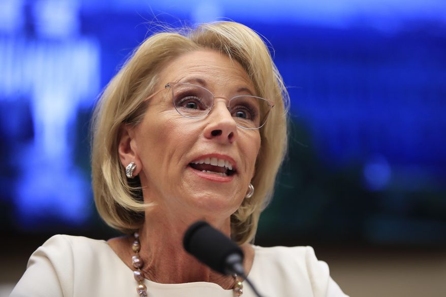 Education Secretary Betsy DeVos testifies before the House Education and Labor Committee at a hearing on &#39;Examining the Policies and Priorities of the U.S. Department of Education&#39; on Capitol Hill in Washington, April 10, 2019. (AP Photo/Manuel Balce Ceneta) ** FILE ** 