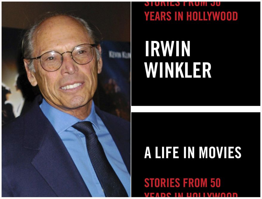 This combination of photos shows director Irwin Winkler at the premiere of "De-Lovely," in New York on June 21, 2004, left, and the cover image of his new memoir, "A Life in Movies: Stories from 50 years in Hollywood." (AP Photo, left, and Abrams Press via AP)