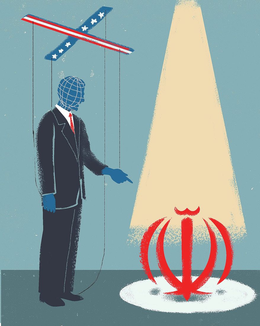 Illustration on the U.S. role in confronting Iran by Linas Garsys/The Washington Times