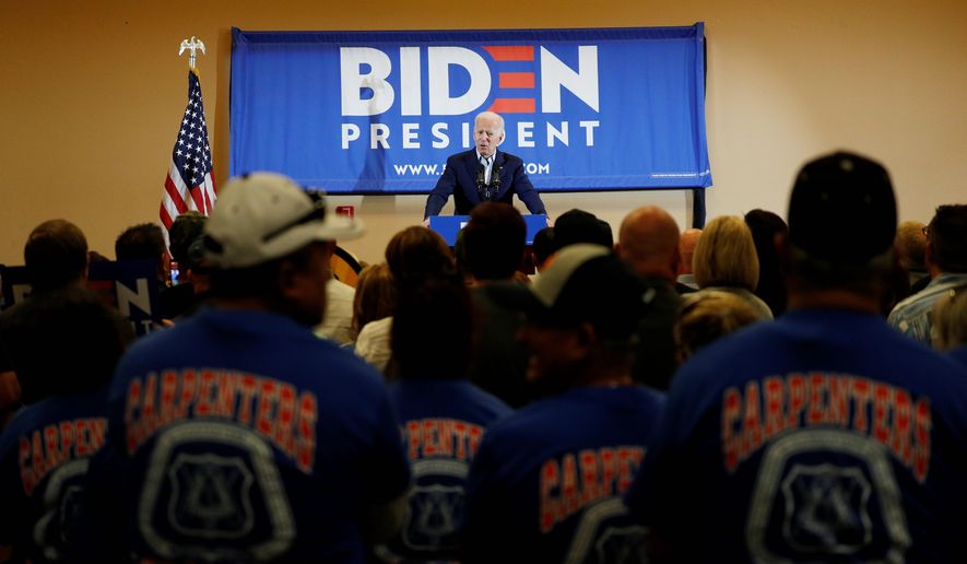 Former Vice President and Democratic presidential candidate Joe Biden speaks at a rally with members of a painters and construction union, Tuesday, May 7, 2019, in Henderson, Nev. (AP Photo/John Locher)