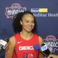 Washington Mystics guard Kristi Toliver talks to reporters on Monday, May 6, 2019. Toliver was also a full-time coach on the Washington Wizards&#x27; staff during their 2018-19 season. (Adam Zielonka/The Washington Times) **FILE**