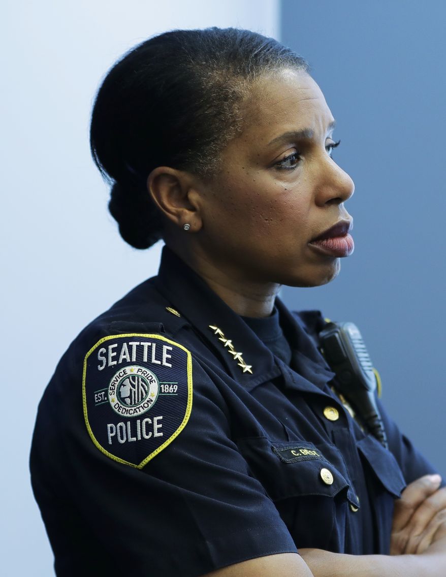 Seattle Police Chief Carmen Best listens to speakers at a news conference, Tuesday, May 7, 2019, in Seattle. (AP Photo/Ted S. Warren) ** FILE **