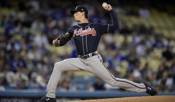 Atlanta Braves starting pitcher Max Fried throws to the plate during the first inning of a baseball game against the Los Angeles Dodgers, Tuesday, May 7, 2019, in Los Angeles. (AP Photo/Mark J. Terrill)