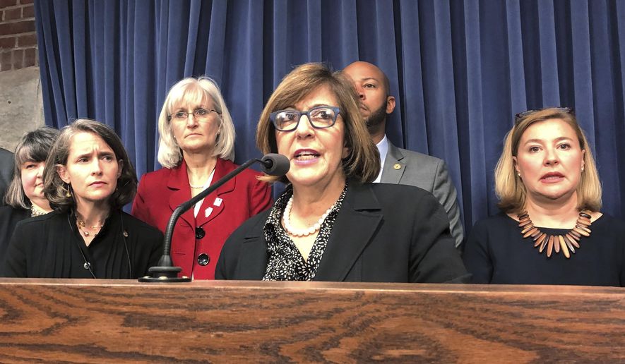 Illinois Rep. Sara Feigenholtz, center, speaks at a news conference with more than a dozen other House and Senate members of a newly formed child-welfare reform caucus with legislation to bolster checks and balances in the Department of Children and Family Services Tuesday, May 7, 2019, in Springfield, Ill. Lawmakers are taking aim at failures in the state&#39;s child-welfare agency, haunted for decades by deaths wrought of abuse and neglect that state officials too often are too poorly resourced or too poorly managed to prevent. (AP Photo by John O&#39;Connor)