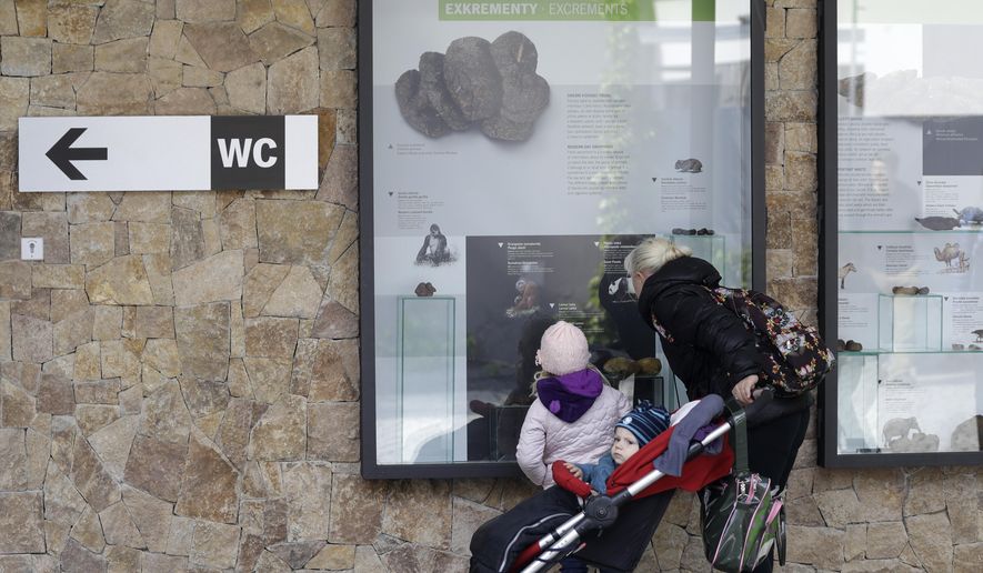 In this picture taken on Monday, May 6, 2019, visitors view an exhibition of animal excrements at the Prague Zoo, Czech Republic. The park has opened a new permanent exhibition that put on display wide range of animal feces. Placed on the outside walls of a new building with toilets, the exhibition offers information and samples from fossil turds, also known as coprolites, to the excrements of current animals of various size, shape, texture and color. (AP Photo/Petr David Josek)