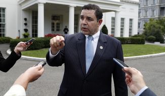 In this Sept. 13, 2017 file photo, Rep. Henry Cuellar, D-Texas, speaks with reporters outside the West Wing after a bipartisan meeting with President Donald Trump at the White House, in Washington. Kristie Small, a former senior aide to Cuellar has filed a lawsuit against the Texas Democrat in Washington D.C. on Monday that claims she was wrongly fired for being pregnant. The lawsuit argues Cuellar&#39;s firing of Small was both sex and pregnancy discrimination in violation of the Congressional Accountability Act of 1995. (AP Photo/Alex Brandon, File)