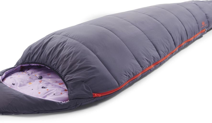 This photo provided by REI shows REI's Kindercone sleeping bag, which is temperature-rated to 25 degrees. An anti-snag zipper, lightweight synthetic insulation and adjustable size make it a good option for little ones to grow into. The outdoor gear industry offers a wide range of easily packed camping items that both parents and kiddos can enjoy. (REI via AP)