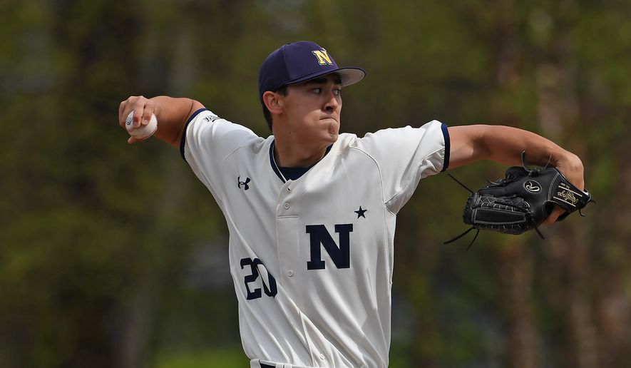 Navy senior pitcher Noah Song winds up to pitch during a game in 2019. Song leads Division I in strikeouts and is likely to be taken in the 2019 MLB Amateur Draft. (Photo by Phil Hoffmann / Courtesy of Naval Academy athletics) ** FILE **