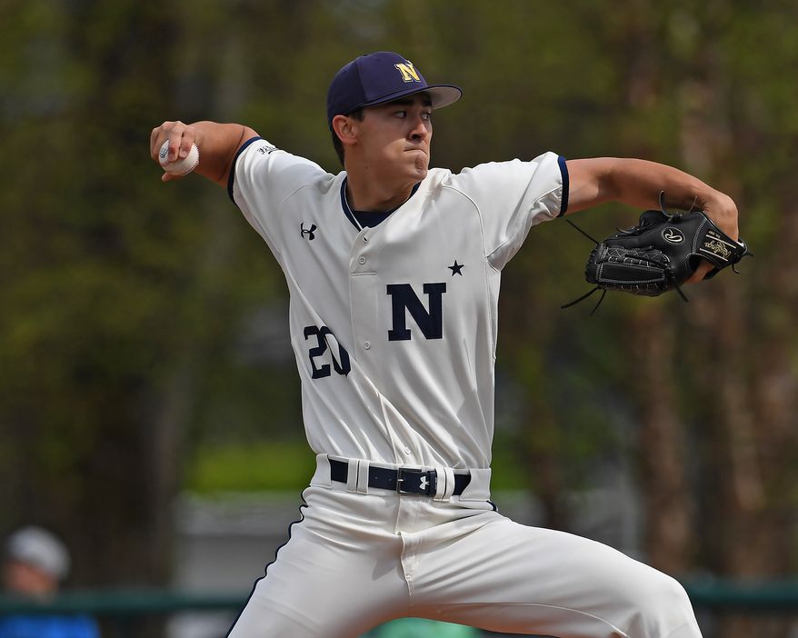 Navy senior pitcher Noah Song winds up to pitch during a game in 2019. Song leads Division I in strikeouts and is likely to be taken in the 2019 MLB Amateur Draft. (Photo by Phil Hoffmann / Courtesy of Naval Academy athletics) ** FILE **