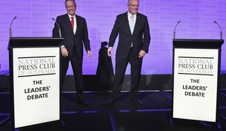 Australian Prime Minister Scott Morrison, right, and Bill Shorten, leader of the federal opposition, arrive on stage before the third leaders debate at the National Press Club in Canberra, Wednesday, May 8, 2019. Australia will have a national election on May 18. (Mick Tsikas/AAP Image via AP)