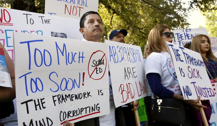 Opponents of a proposal to make changes to the sex education guidance for teachers, rallied at the Capitol Wednesday, May 8, 2019, in Sacramento, Calif. (AP Photo/Rich Pedroncelli) ** FILE **