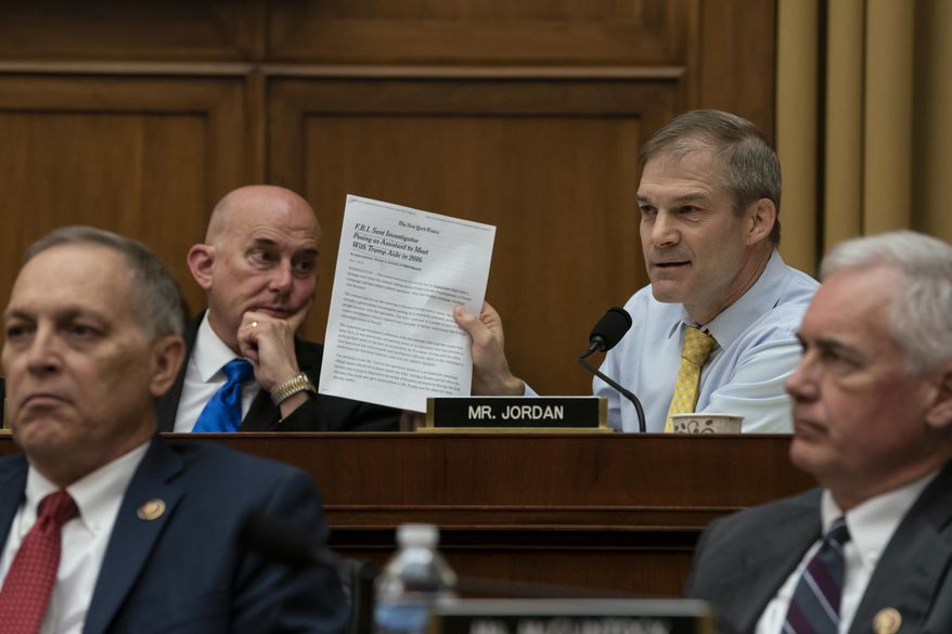 Republican members of the House Judiciary Committee, from left, Rep. Andy Biggs, R-Ariz., Rep. Louie Gohmert, R-Texas, Rep. Jim Jordan, R-Ohio, and Rep. Tom McClintock, R-Calif., object to efforts by Chairman Jerrold Nadler, D-N.Y., to move ahead with a vote to hold Attorney General William Barr in contempt of Congress after last-minute negotiations stalled with the Justice Department over access to the full, unredacted version of special counsel Robert Mueller's report, on Capitol Hill in Washington, Wednesday, May 8, 2019. (AP Photo/J. Scott Applewhite)