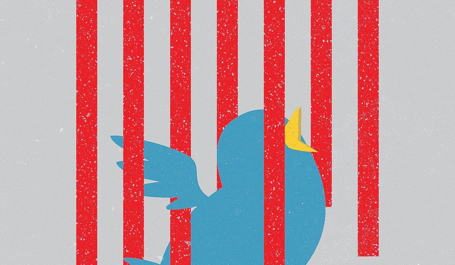 Illustration on blocking Twitter by Linas Garsys/The Washington Times