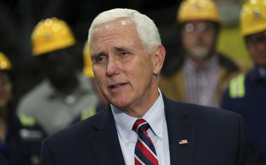 Vice President Mike Pence talks to reporters after he spoke to steel workers at the Gerdau Ameristeel mill in this Thursday, May 9, 2019, file photo. (AP Photo/Jim Mone) **FILE**