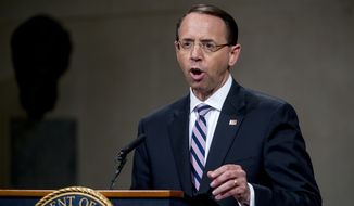 Deputy Attorney General Rod Rosenstein speaks during a farewell ceremony in the Great Hall at the Department of Justice in Washington, Thursday, May 9, 2019. (AP Photo/Andrew Harnik) ** FILE **