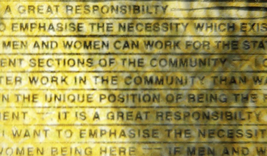The word "responsibility" is printed with a missing "i" in the Australian $50 note photographed in Sydney, Australia, Thursday, May 9, 2019. Australia’s central bank has confirmed there is a misspelling on 46 million of its latest 50 Australian dollar ($35) notes after a radio station posted an image of the microscopic error on social media. (AP Photo/Rick Rycroft)