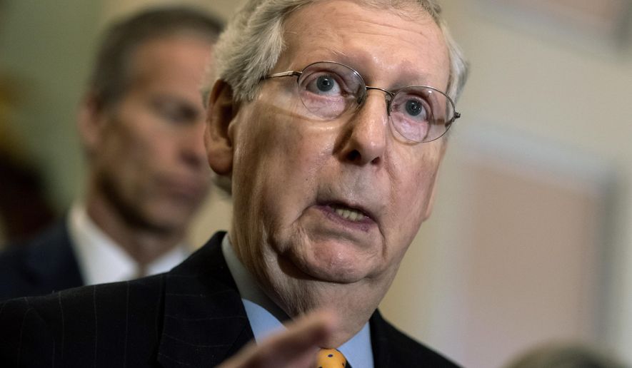 In this April 9, 2019 file photo, Senate Majority Leader Mitch McConnell, R-Ky., speaks to reporters at the Capitol in Washington.  (AP Photo/J. Scott Applewhite, File) **FILE** 