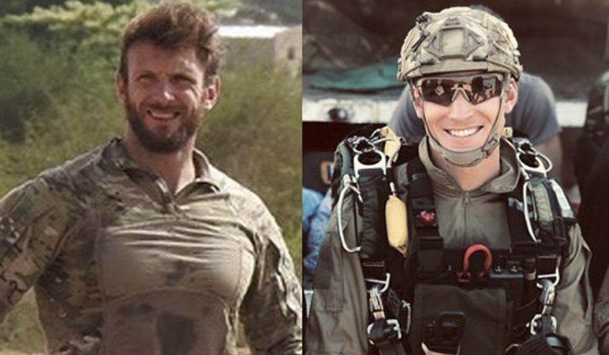 This photo provided Friday May 10, 2019 by the French army shows navy soldiers Cédric de Pierrepont, left, and Alain Bertoncello. Two French soldiers have been killed in a military operation in the West African nation of Burkina Faso that freed four people from the U.S., France and South Korea who were kidnapped in neighboring Benin. (French Army via AP)