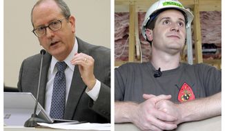 This combination of 2018 photos shows N.C. Sen. Dan Bishop and Dan McCready. Bishop, best known as the architect of the state’s so-called bathroom bill is racking up contributions and endorsements as he runs in the repeat of a congressional race marred by a ballot fraud scandal. The state elections board unanimously ordered the new election after Mark Harris, the Republican in 2018’s race against Democrat Dan McCready, used a political operative accused of improperly collecting mail-in ballots. (Chris Seward/Raleigh News &amp;amp; Observer via AP, Chuck Burton)
