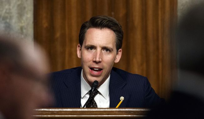 In this Feb. 29, 2019, photo, Senate Armed Services Committee member Sen. Josh Hawley, R-Mo., speaks during a Senate Armed Services Committee hearing on Capitol Hill in Washington. (AP Photo/Carolyn Kaster) **FILE**