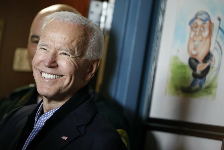 Former vice president and Democratic presidential candidate Joe Biden reacts after speaking during a campaign stop at the Community Oven restaurant in Hampton, N.H., Monday, May 13, 2019. (AP Photo/Michael Dwyer)