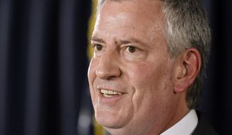 In this March 26, 2019, file photo, New York City Mayor Bill de Blasio speaks about New York City budget priorities during a news conference at the state Capitol in Albany, N.Y. De Blasio says he will announce in May 2019 whether he will join the growing list of candidates seeking the Democratic nomination for president. (AP Photo/Hans Pennink, File)