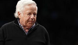 FILE - In this April 10, 2019, file photo, New England Patriots owner Robert Kraft leaves his seat during an NBA basketball game between the Brooklyn Nets and the Miami Heat in New York. A Florida judge has blocked prosecutors from using video that allegedly shows Kraft engaging in paid sex at a massage parlor. Judge Leonard Hanser ruled Monday, May, 13, 2019, that Jupiter police did not follow proper procedures after installing the hidden cameras that secretly recorded Kraft visiting the Orchids of Asia Day Spa twice in January. (AP Photo/Kathy Willens, File)